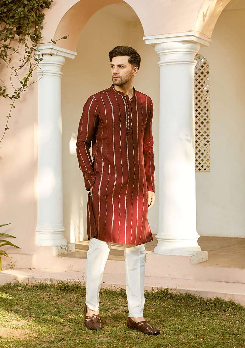 Maroon Sequin Embroidered Kurta Set For Men - Indya