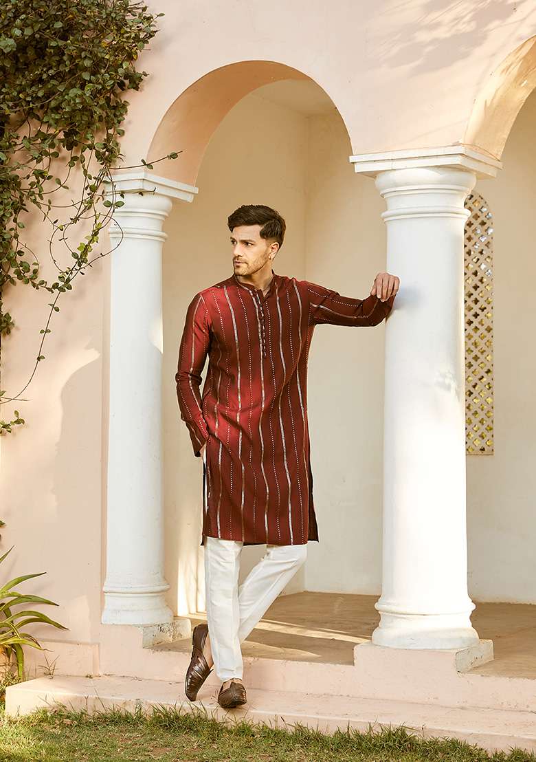 Maroon Sequin Embroidered Kurta Set For Men - Indya