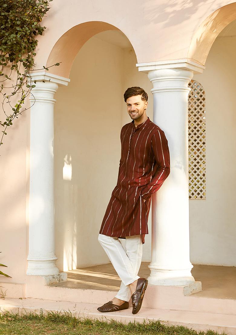 Maroon Sequin Embroidered Kurta Set For Men - Indya