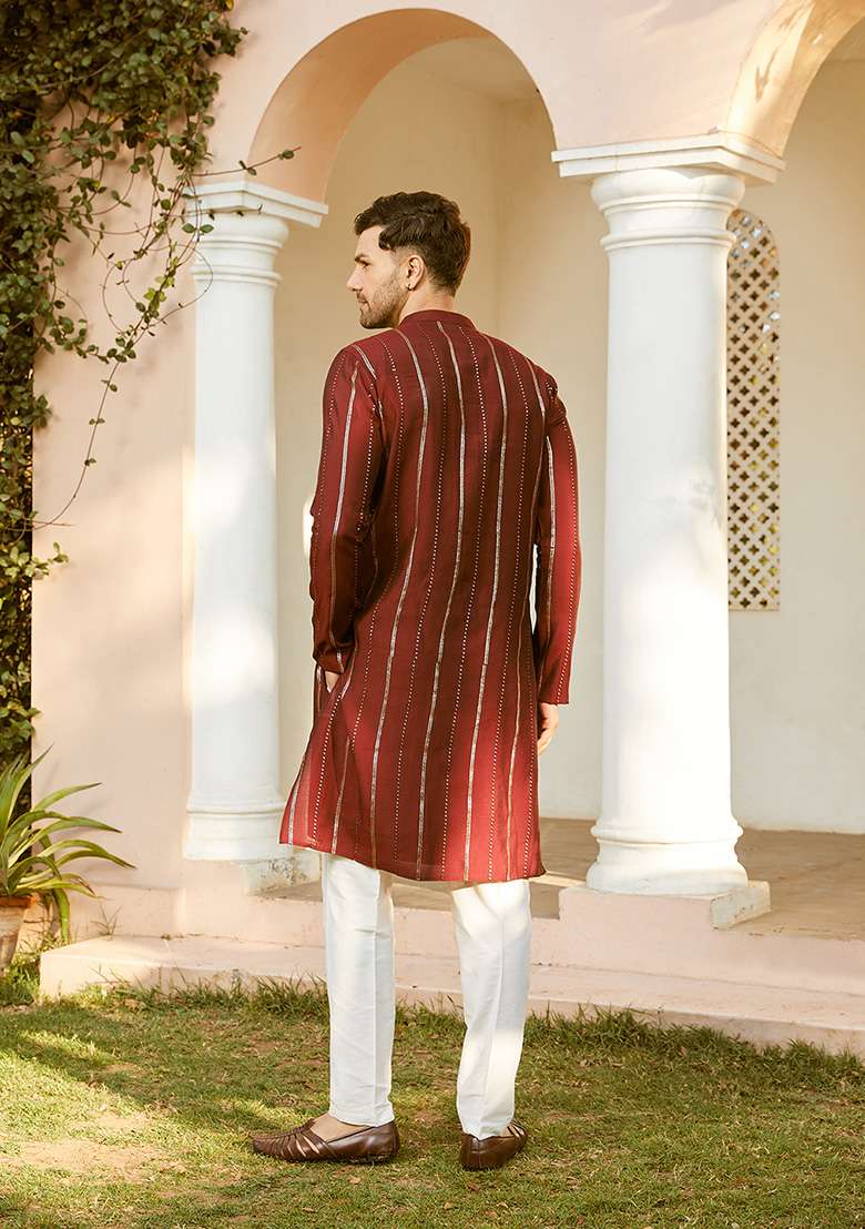 Maroon Sequin Embroidered Kurta Set For Men - Indya