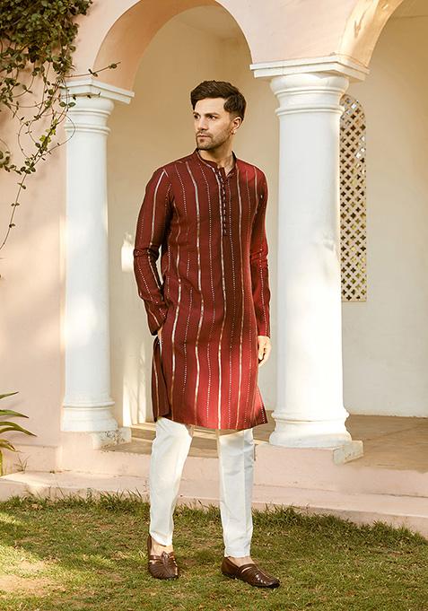 Maroon Sequin Embroidered Kurta Set For Men