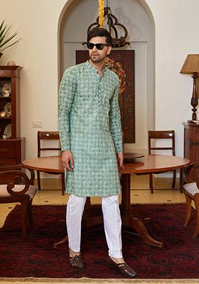 Green Leaf Print Straight Kurta Set For Men
