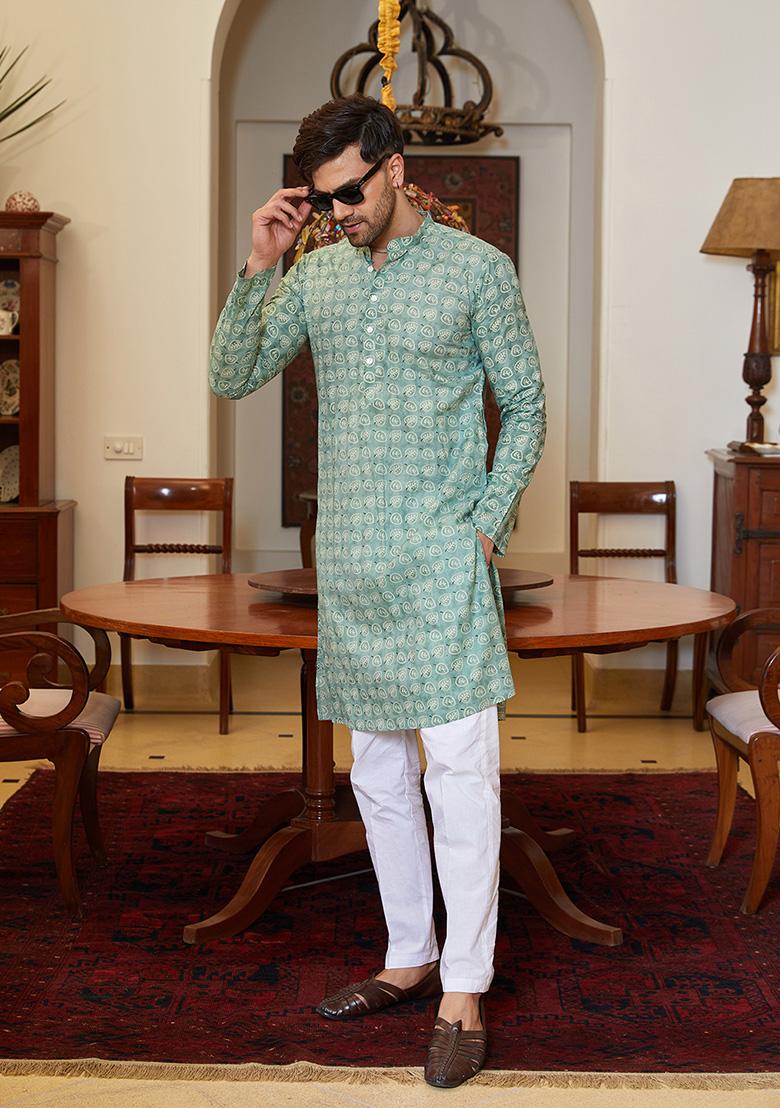 Green Leaf Print Straight Kurta Set For Men