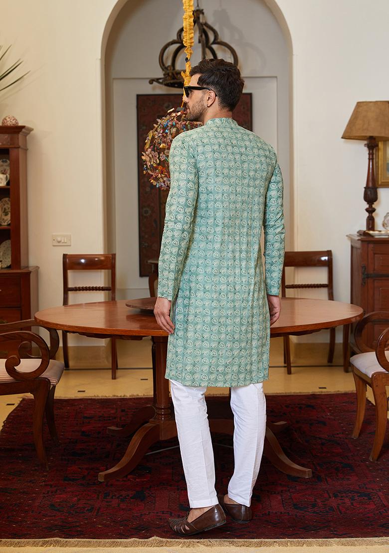 Green Leaf Print Straight Kurta Set For Men