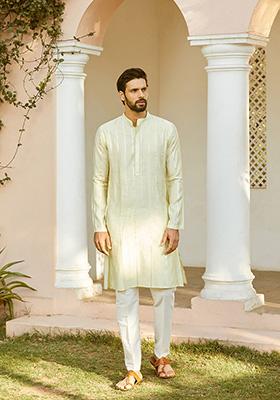 Off White Sequin Embroidered Cotton Silk Kurta Set For Men