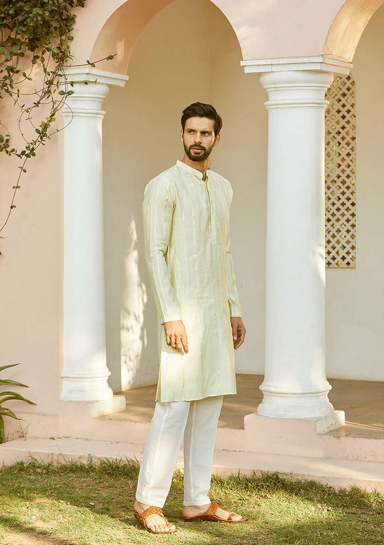 Off White Sequin Embroidered Cotton Silk Blend Kurta Set For Men - Indya