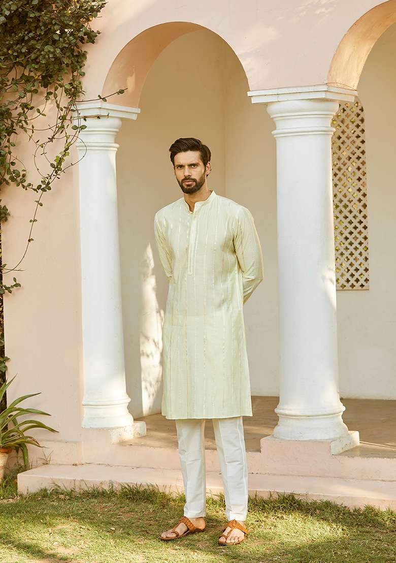 Off White Sequin Embroidered Cotton Silk Blend Kurta Set For Men - Indya
