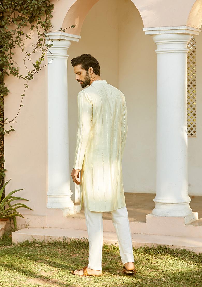 Off White Sequin Embroidered Cotton Silk Kurta Set For Men - Indya