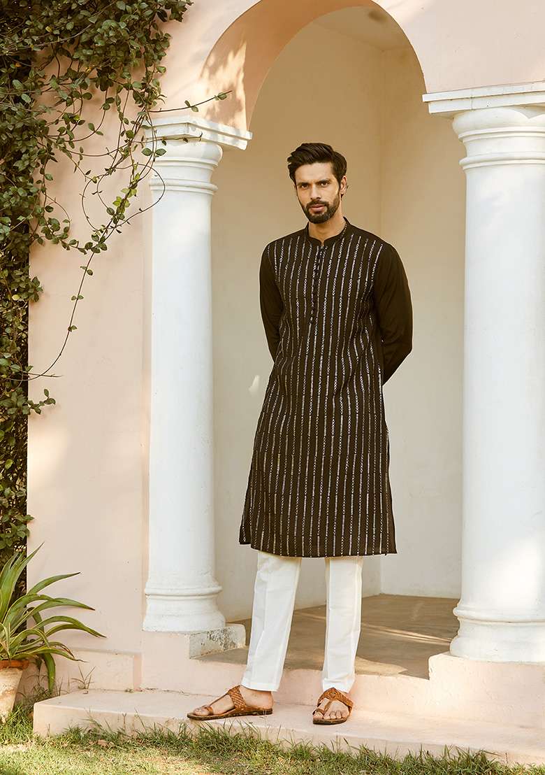 Black Sequin Embroidered Kurta Set For Men - Indya