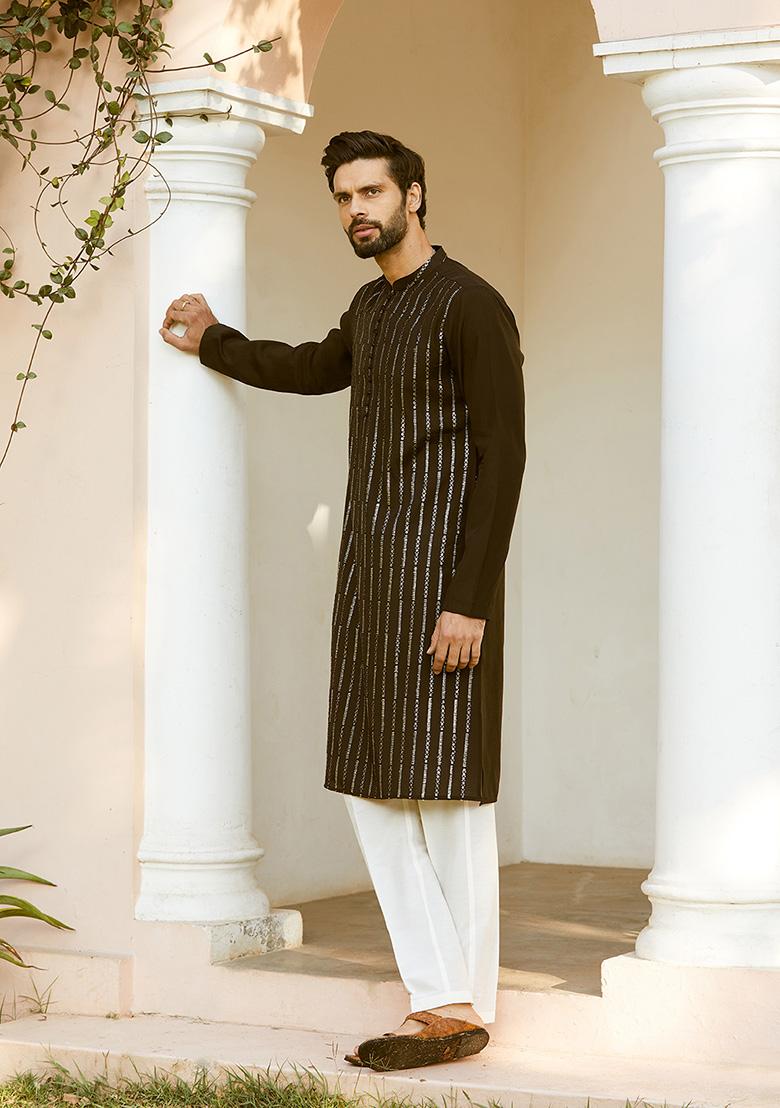 Black Sequin Embroidered Kurta Set For Men - Indya
