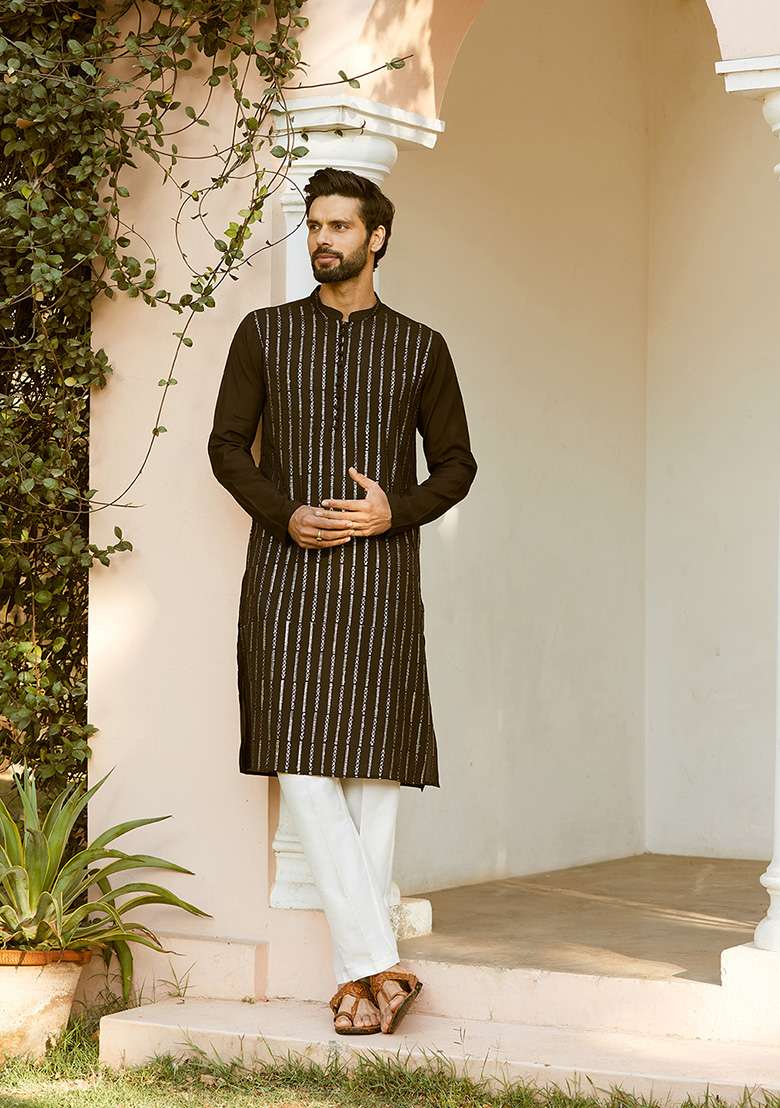 Black Sequin Embroidered Kurta Set For Men - Indya
