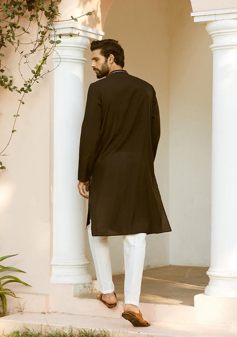 Black Sequin Embroidered Kurta Set For Men - Indya