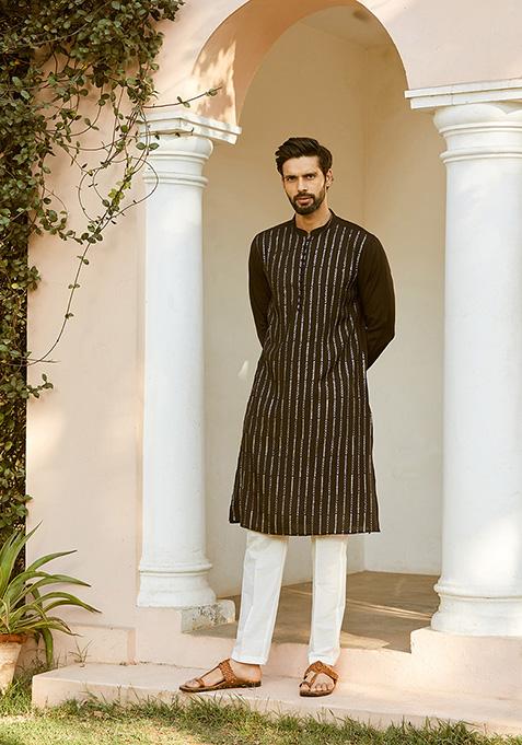 Black Sequin Embroidered Kurta Set For Men