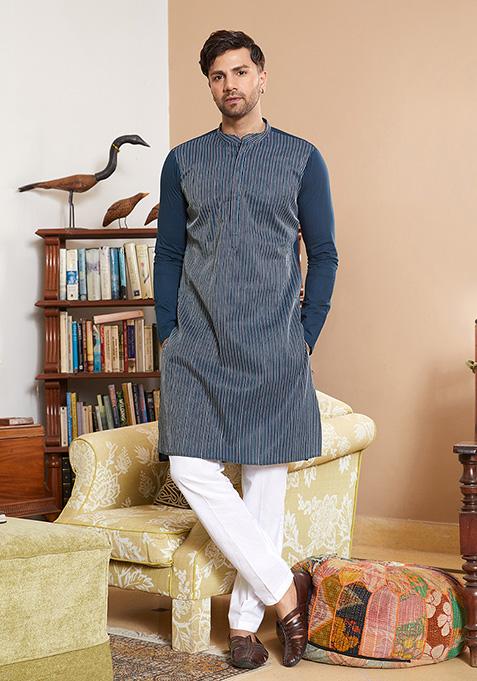 Teal Thread Embroidered Cotton Kurta Set For Men