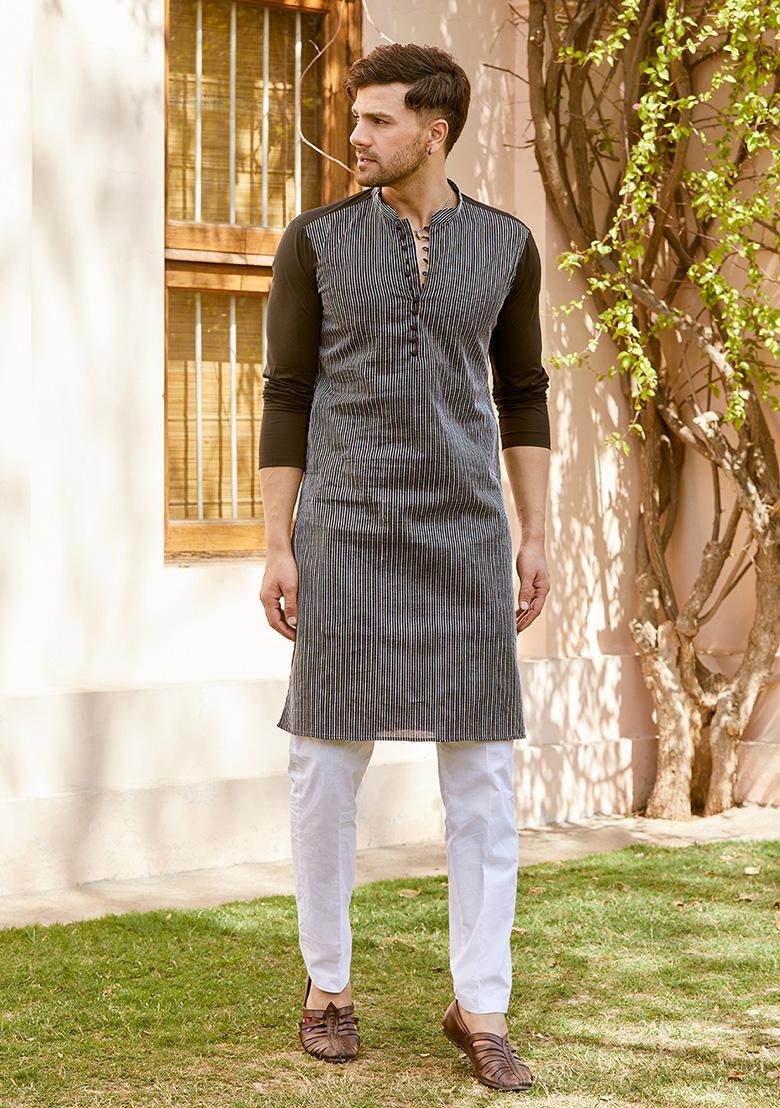 Black Thread Embroidered Pure Cotton Kurta Set For Men
