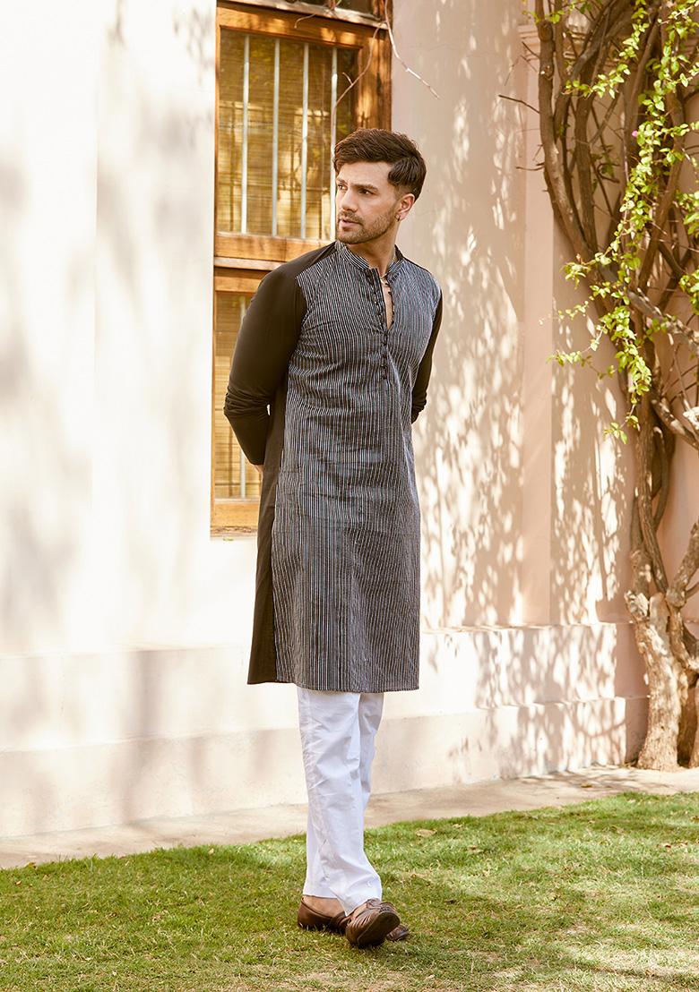 Black Thread Embroidered Pure Cotton Kurta Set For Men