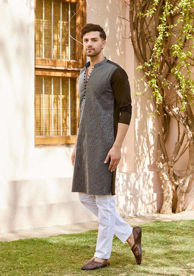 Black Thread Embroidered Pure Cotton Kurta Set For Men