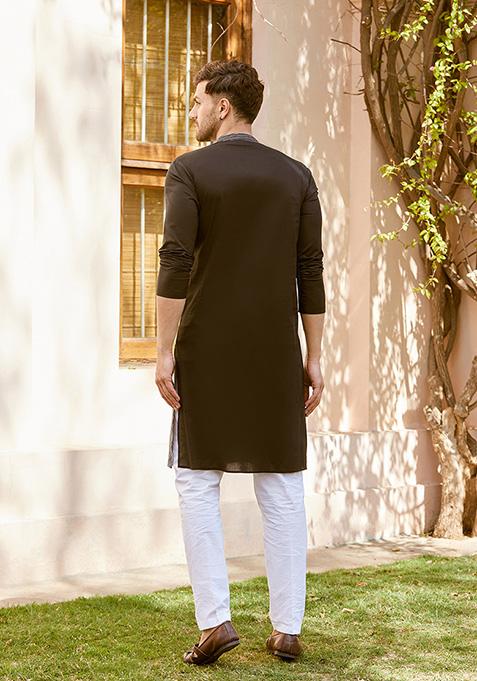 Black Thread Embroidered Pure Cotton Kurta Set For Men