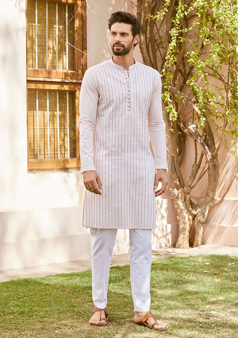 Pink Sequin Thread Embroidered Straight Kurta Set For Men - Indya