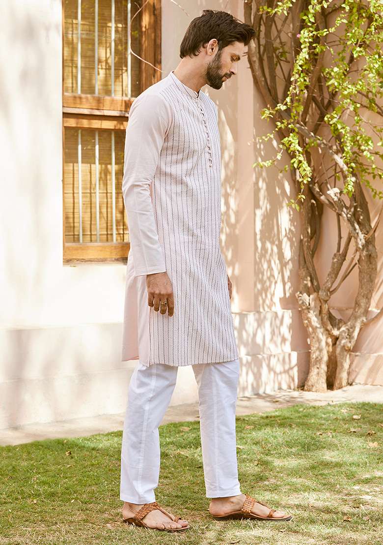 Pink Sequin Thread Embroidered Straight Kurta Set For Men - Indya