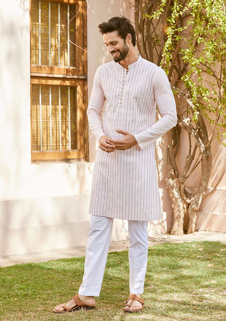 Pink Sequin Thread Embroidered Straight Kurta Set For Men - Indya
