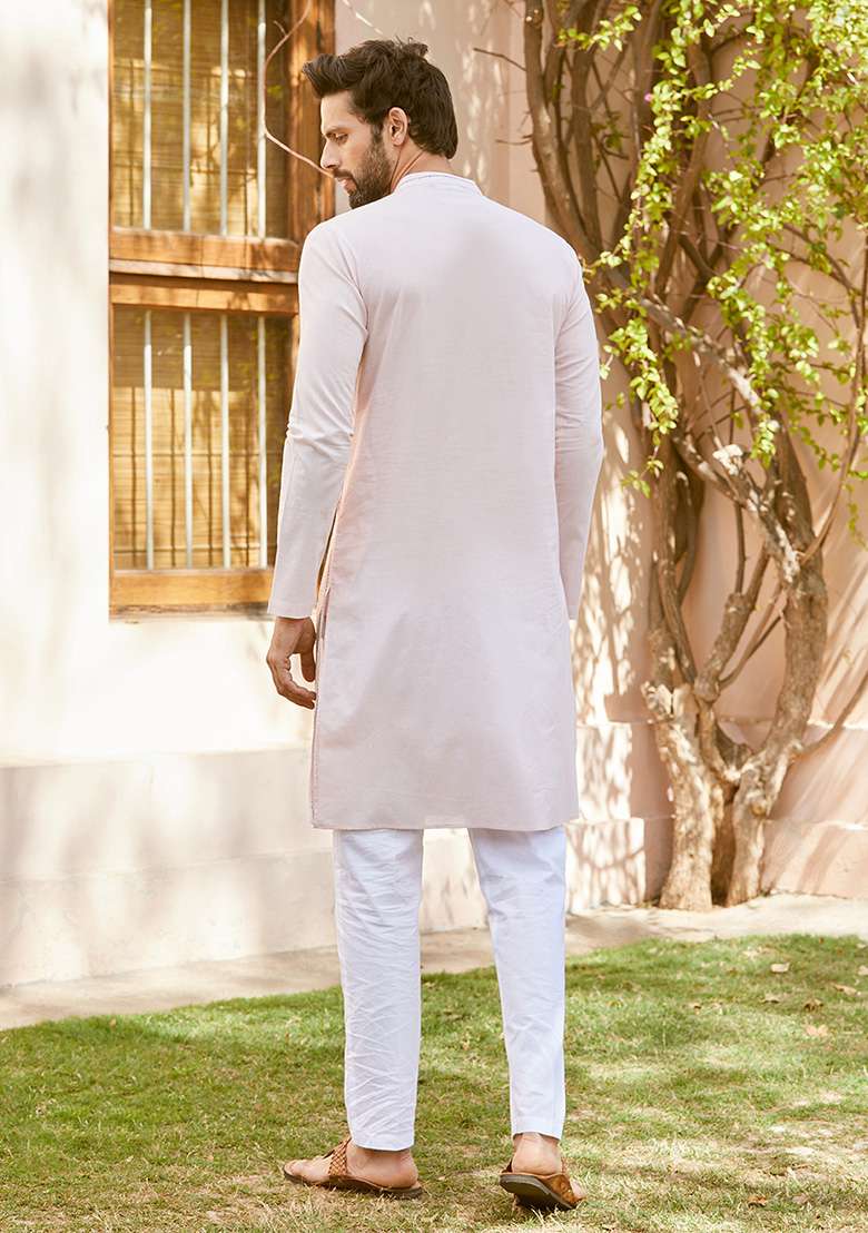 Pink Sequin Thread Embroidered Straight Kurta Set For Men - Indya