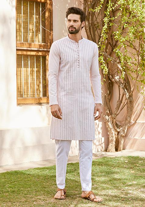 Pink Sequin Thread Embroidered Straight Kurta Set For Men