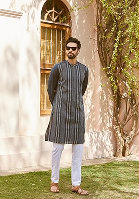 Teal Sequin Embroidered Pure Cotton Straight Kurta Set For Men