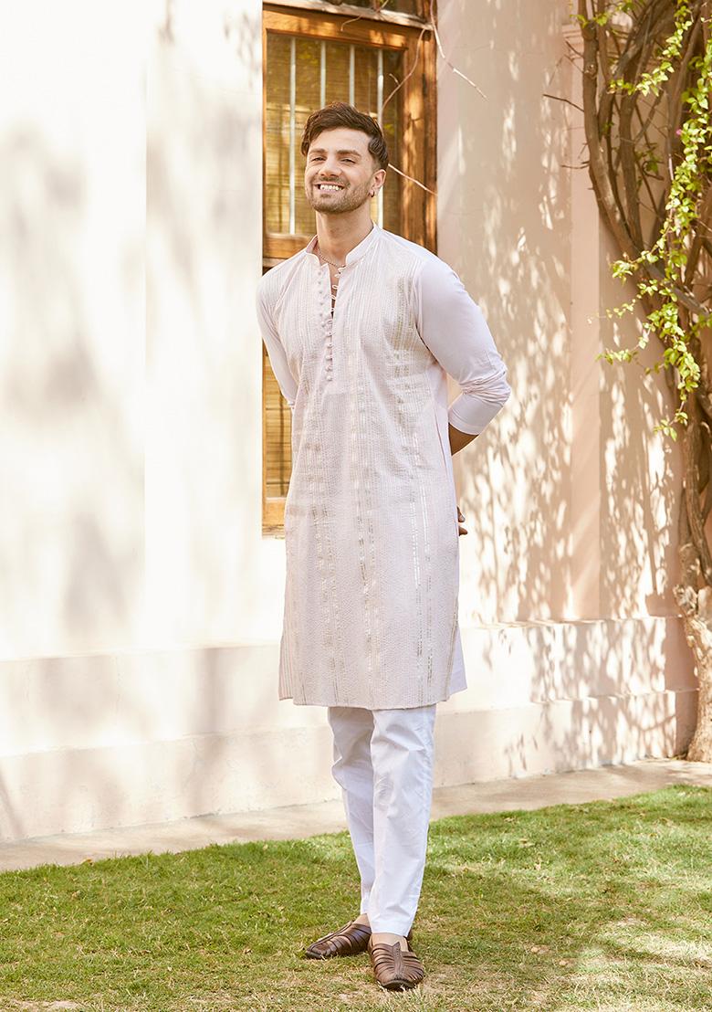 Pink Thread Embroidered Straight Kurta Set For Men