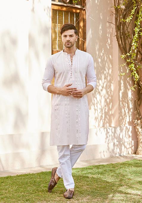 Pink Thread Embroidered Straight Kurta Set For Men
