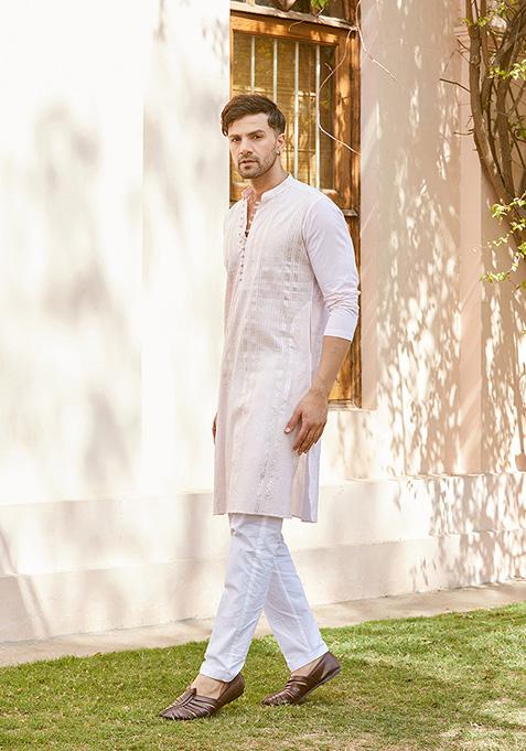 Pink Thread Embroidered Straight Kurta Set For Men