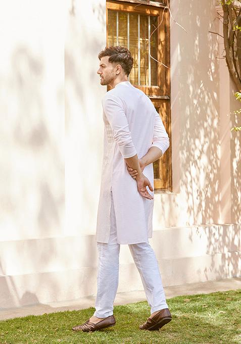 Pink Thread Embroidered Straight Kurta Set For Men