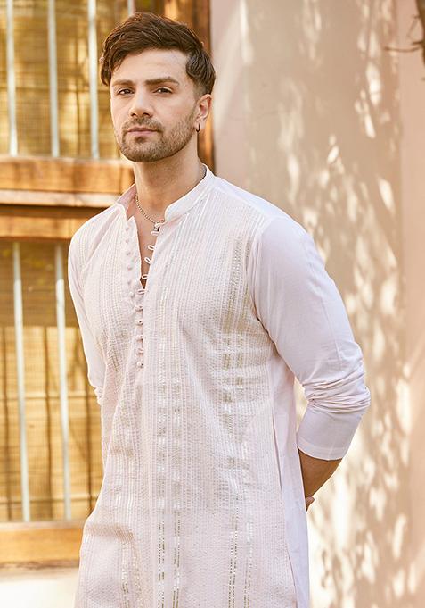Pink Thread Embroidered Straight Kurta Set For Men