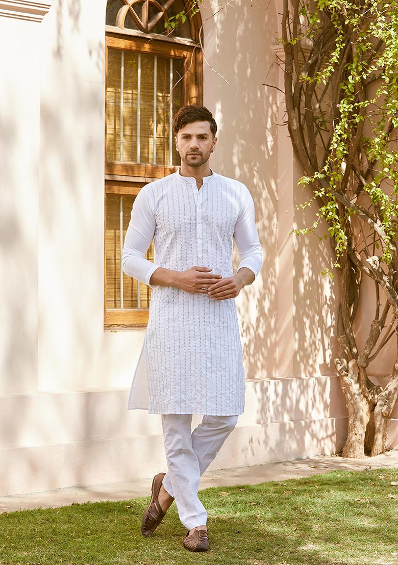 White Thread Embroidered Straight Kurta Set For Men