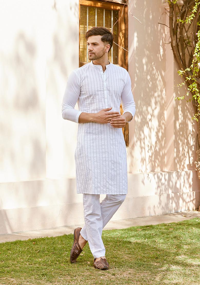 White Thread Embroidered Straight Kurta Set For Men