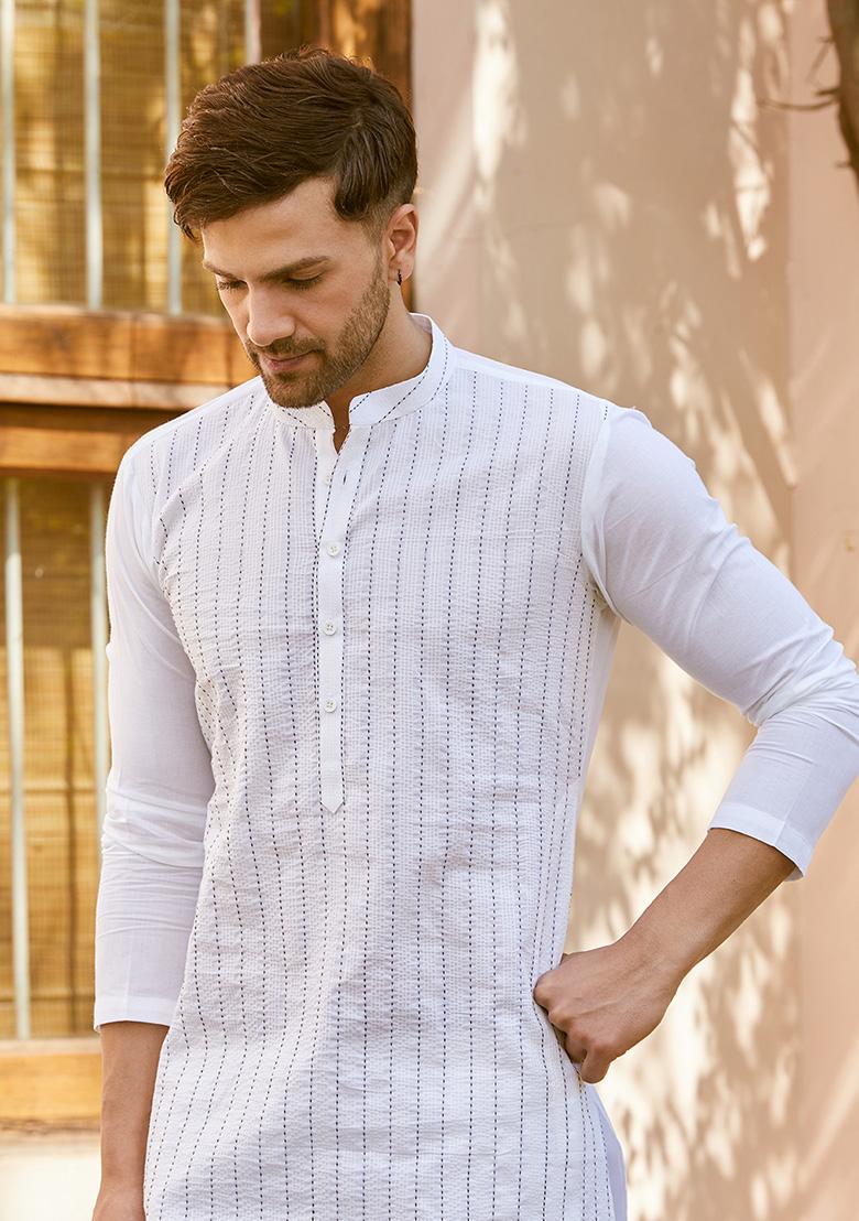White Thread Embroidered Straight Kurta Set For Men