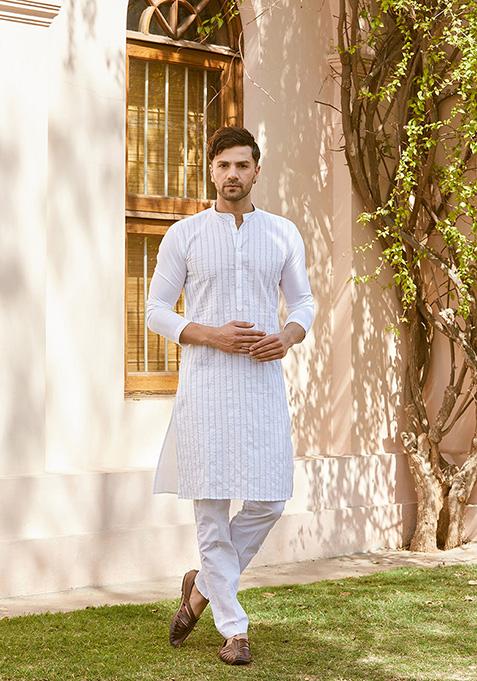 White Thread Embroidered Straight Kurta Set For Men