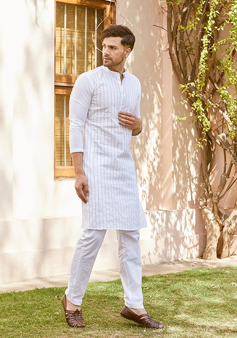 White Thread Embroidered Straight Kurta Set For Men