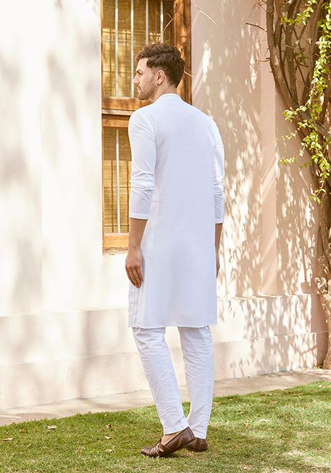 White Thread Embroidered Straight Kurta Set For Men