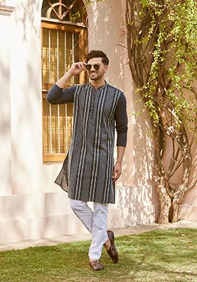 Teal Sequin Embroidered Cotton Straight Kurta Set For Men