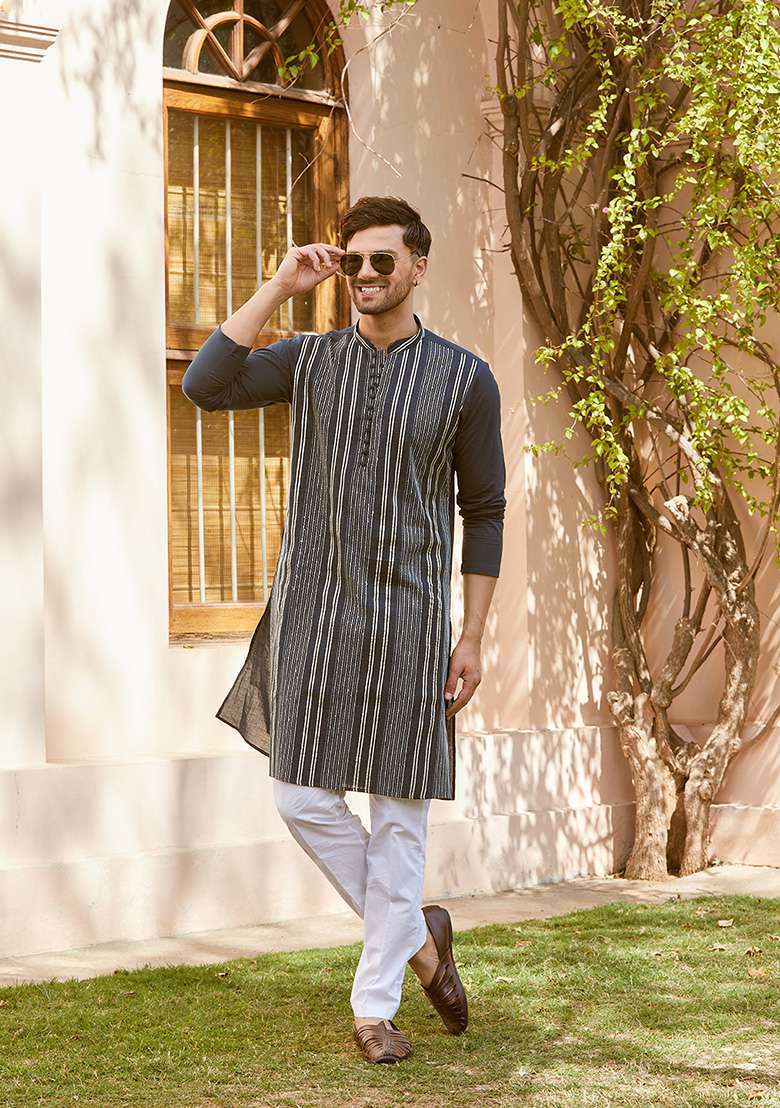 Teal Sequin Embroidered Cotton Straight Kurta Set For Men - Indya