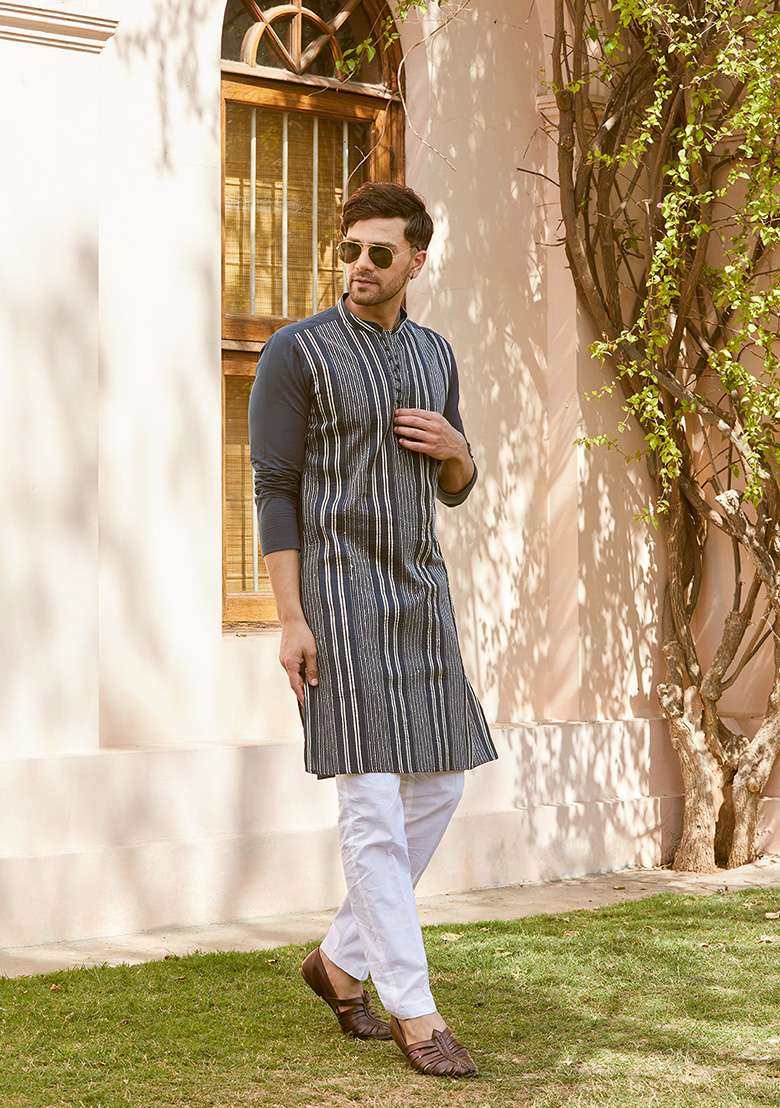Teal Sequin Embroidered Cotton Straight Kurta Set For Men - Indya