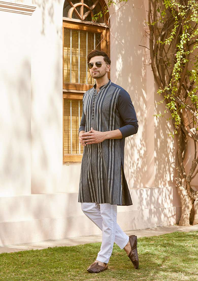 Teal Sequin Embroidered Cotton Straight Kurta Set For Men - Indya