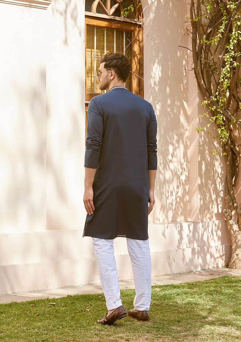Teal Sequin Embroidered Cotton Straight Kurta Set For Men - Indya