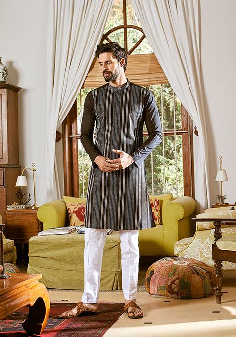 Black Gota Thread Embroidered Straight Kurta Set For Men