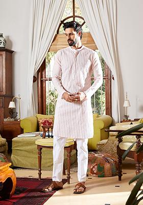 Pink Sequin Thread Embroidered Cotton Straight Kurta Set For Men