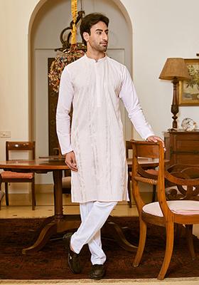 Pink Sequin Embroidered Straight Kurta Set For Men