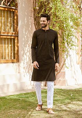 Black Thread Embroidered Cotton Straight Kurta Set For Men