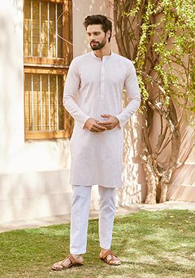 Pink Thread Embroidered Cotton Straight Kurta Set For Men