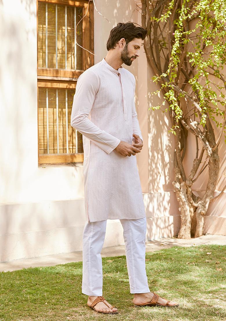 Pink Thread Embroidered Cotton Straight Kurta Set For Men